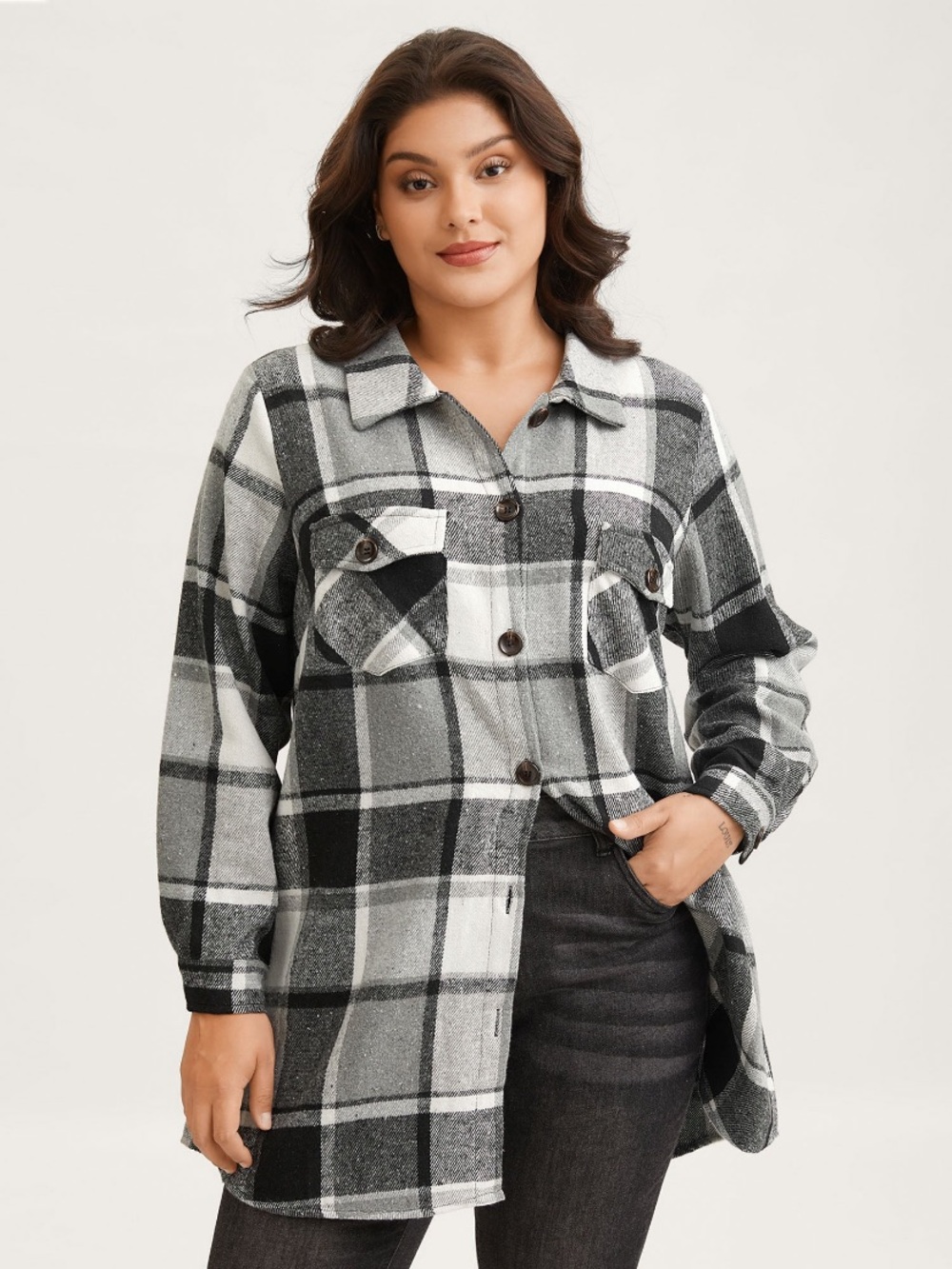 Plaid Longline Utility Jacket in Black & White